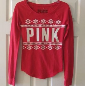 PINK Women's Red Scoop Neck Sleep Shirt Long Sleeves SZ XS